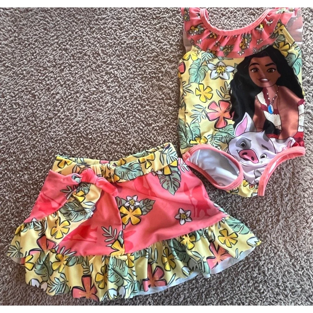 Disney Moana 2 Baby Girls One Piece Swimsuit and Ruffle Skirt Set Yellow 12M